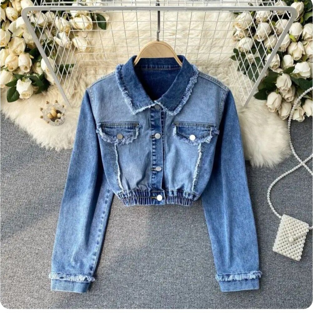 Gradient Denim Polo Collar Jacket – Chic High-Waist Streetwear